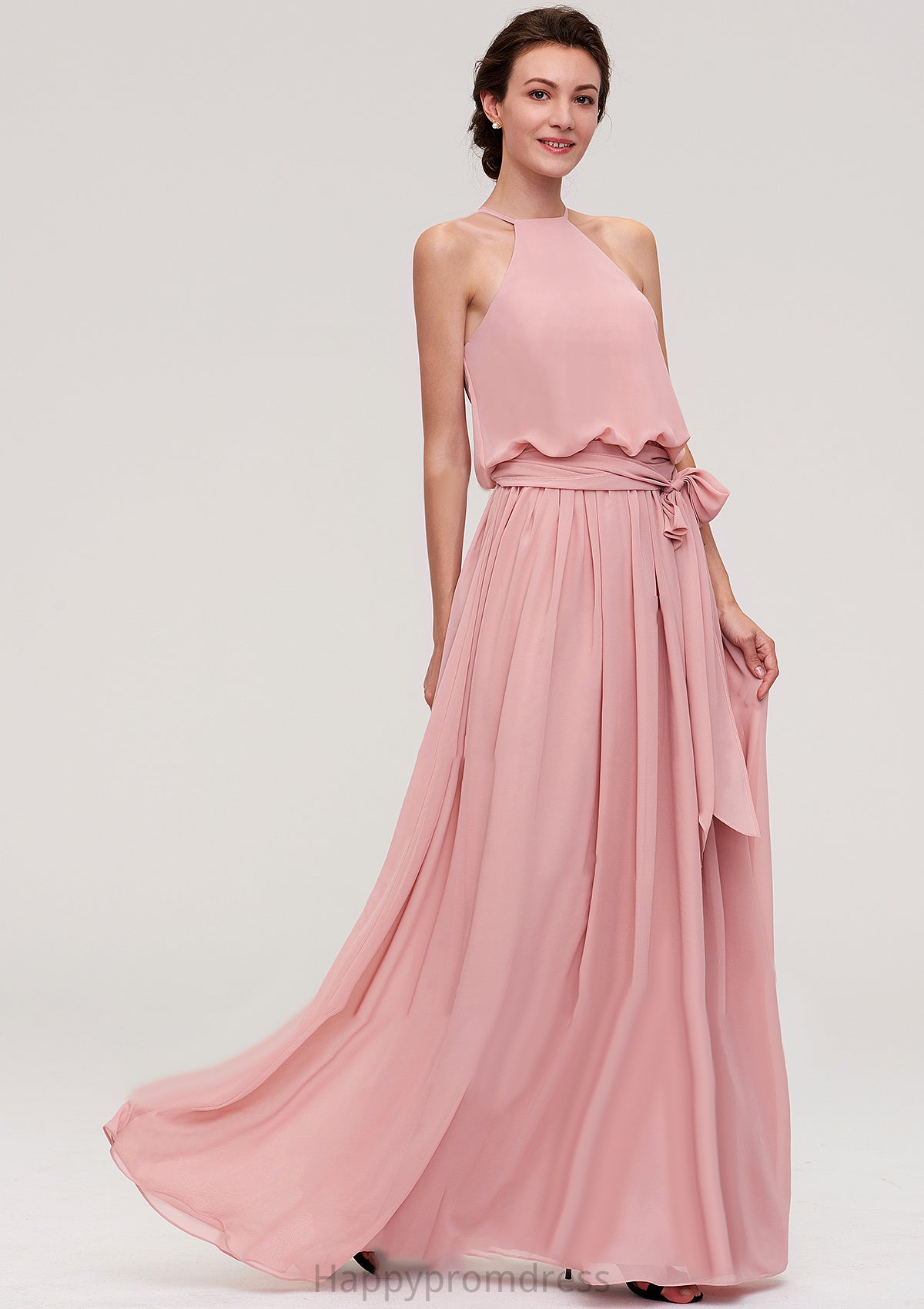 Sleeveless Scoop Neck A-line/Princess Chiffon Long/Floor-Length Bridesmaid Dresseses With Pleated Sashes Leanna XXSP0025476