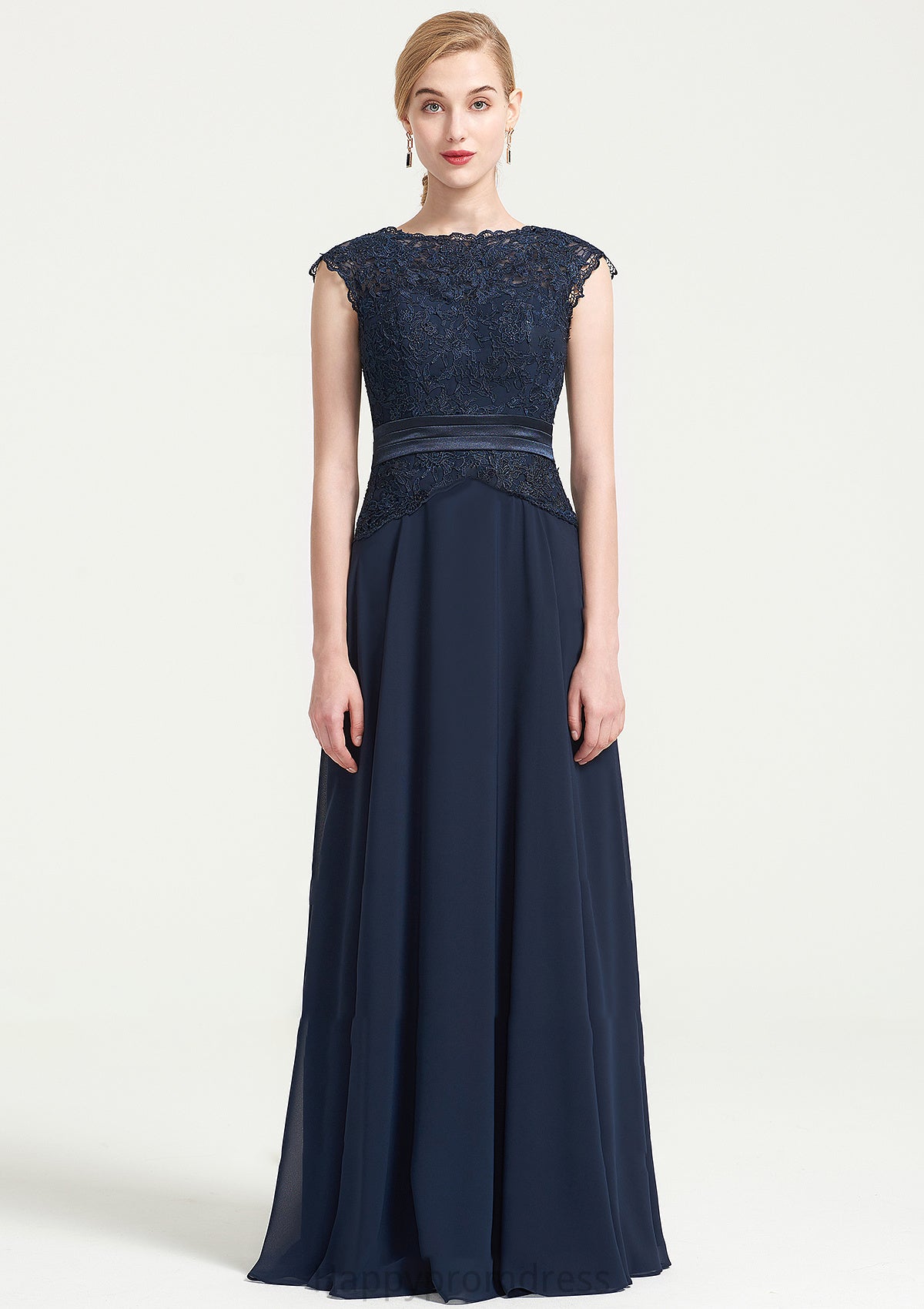 Bateau Sleeveless A-line/Princess Chiffon Long/Floor-Length Bridesmaid Dresses With Sashes Lace Pleated Amiya XXSP0025480