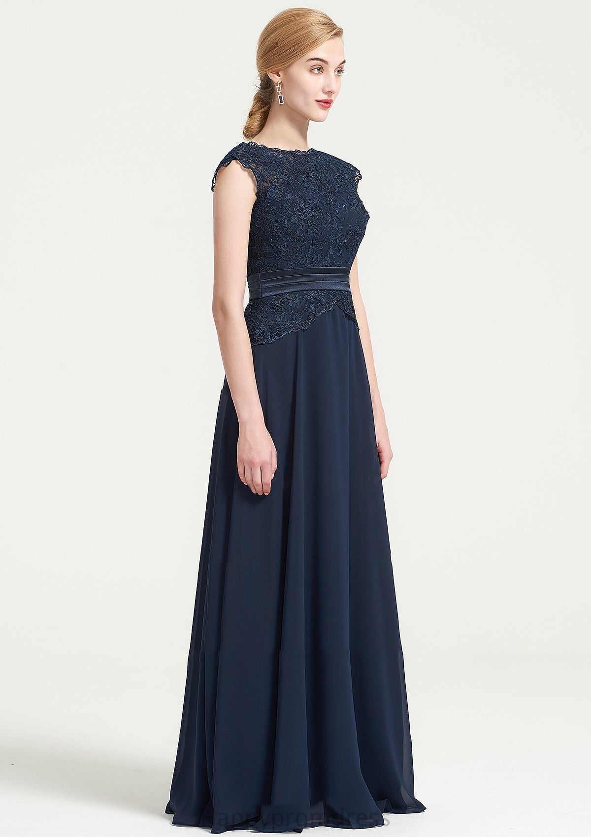 Bateau Sleeveless A-line/Princess Chiffon Long/Floor-Length Bridesmaid Dresses With Sashes Lace Pleated Amiya XXSP0025480