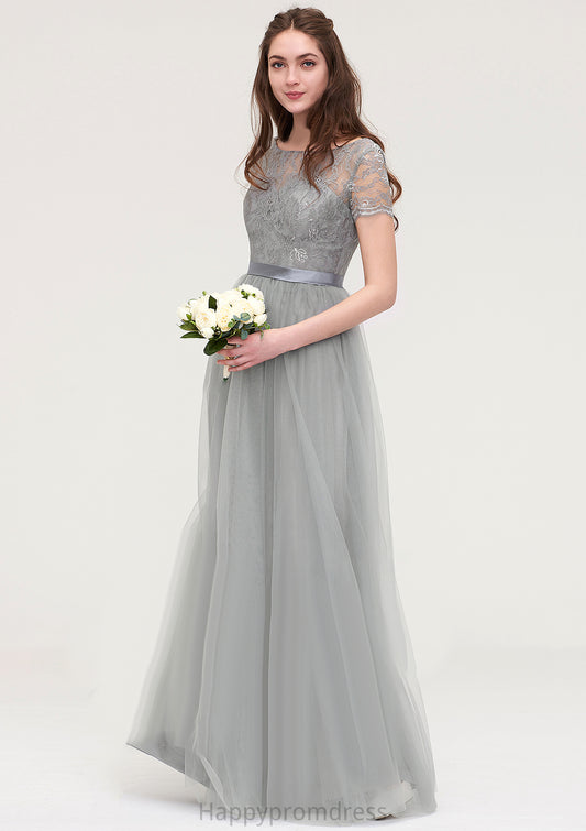 Bateau Short Sleeve Long/Floor-Length Tulle A-line/Princess Bridesmaid Dresses With Sashes Lace Jessica XXSP0025482