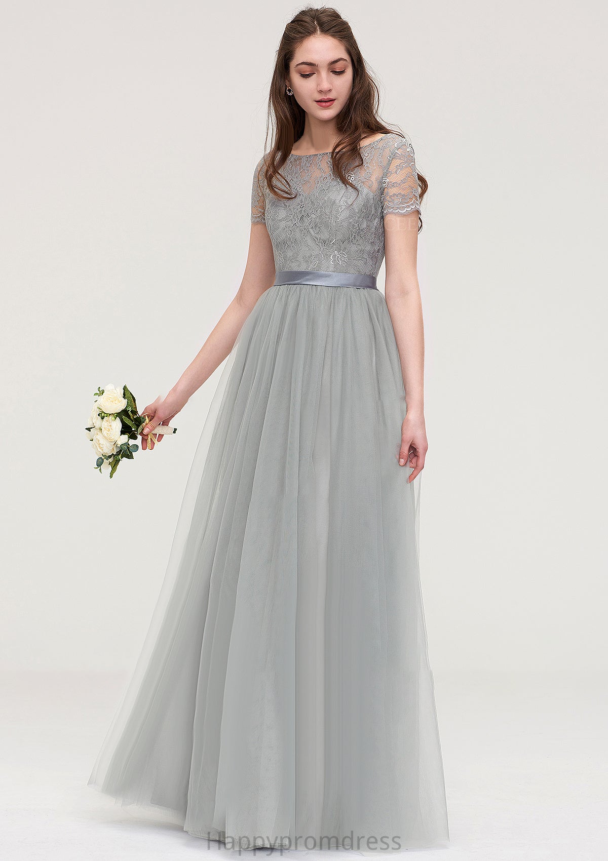 Bateau Short Sleeve Long/Floor-Length Tulle A-line/Princess Bridesmaid Dresses With Sashes Lace Jessica XXSP0025482