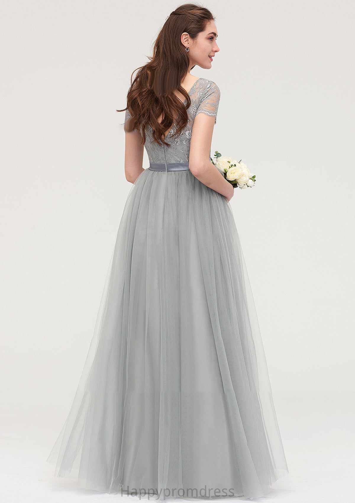 Bateau Short Sleeve Long/Floor-Length Tulle A-line/Princess Bridesmaid Dresses With Sashes Lace Jessica XXSP0025482