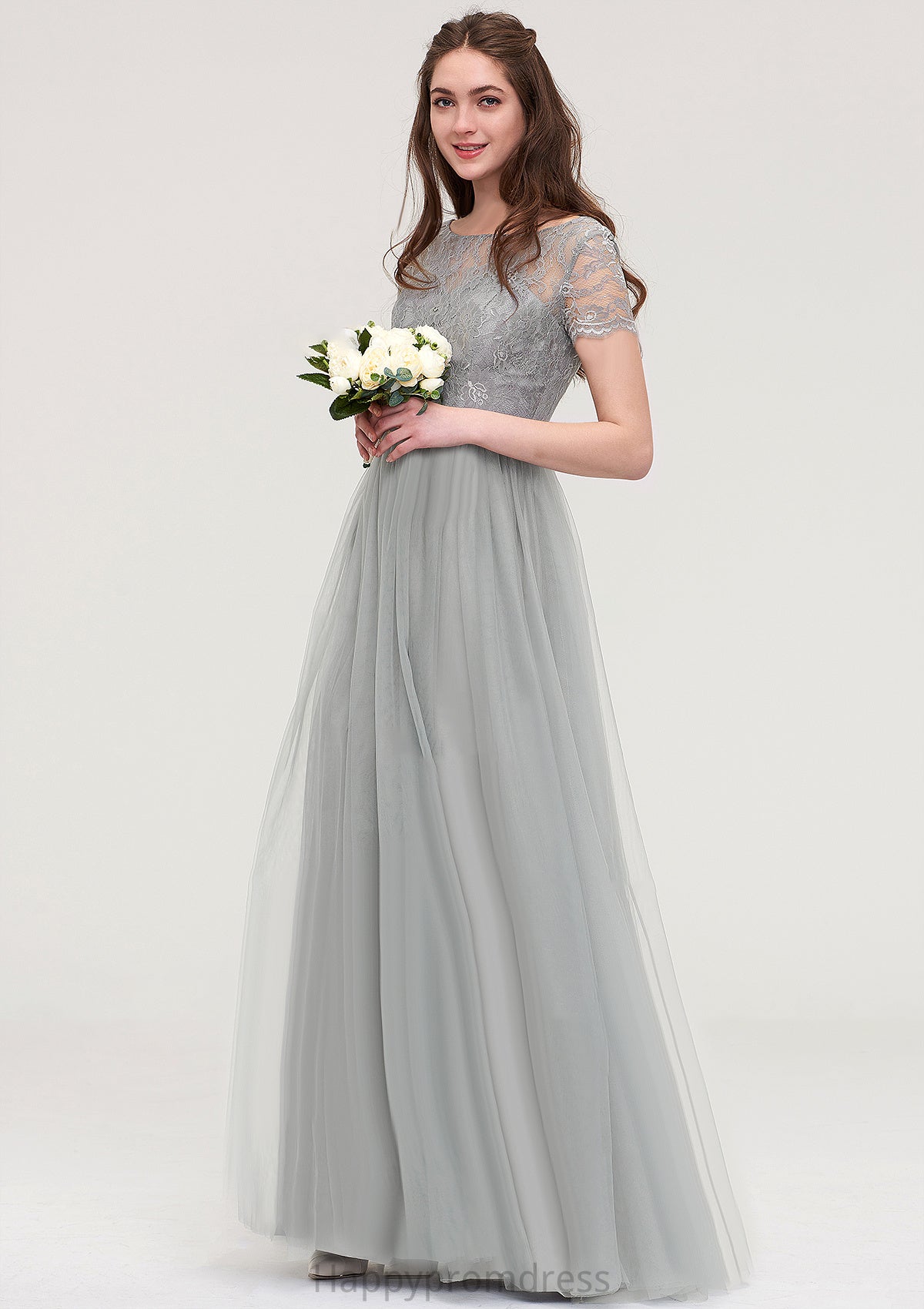 Bateau Short Sleeve Long/Floor-Length Tulle A-line/Princess Bridesmaid Dresses With Sashes Lace Jessica XXSP0025482