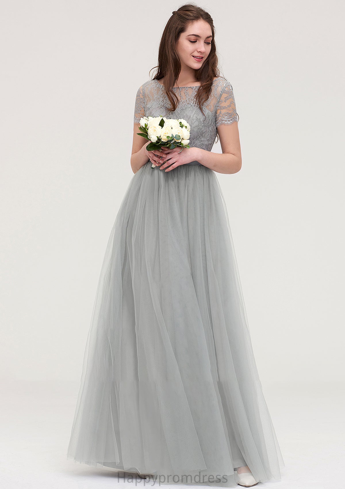 Bateau Short Sleeve Long/Floor-Length Tulle A-line/Princess Bridesmaid Dresses With Sashes Lace Jessica XXSP0025482