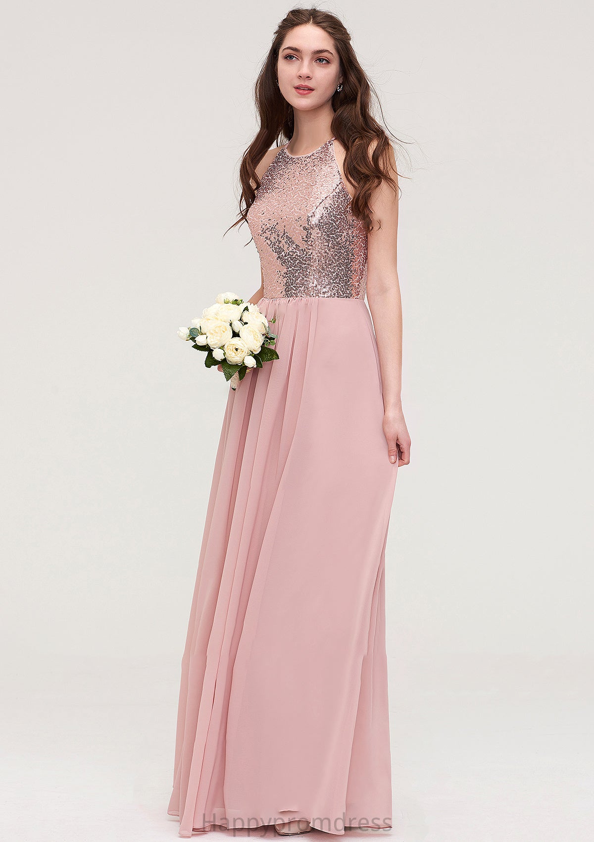 Sleeveless Bateau Long/Floor-Length Chiffon A-line/Princess Bridesmaid Dresses With Sequins Val XXSP0025484