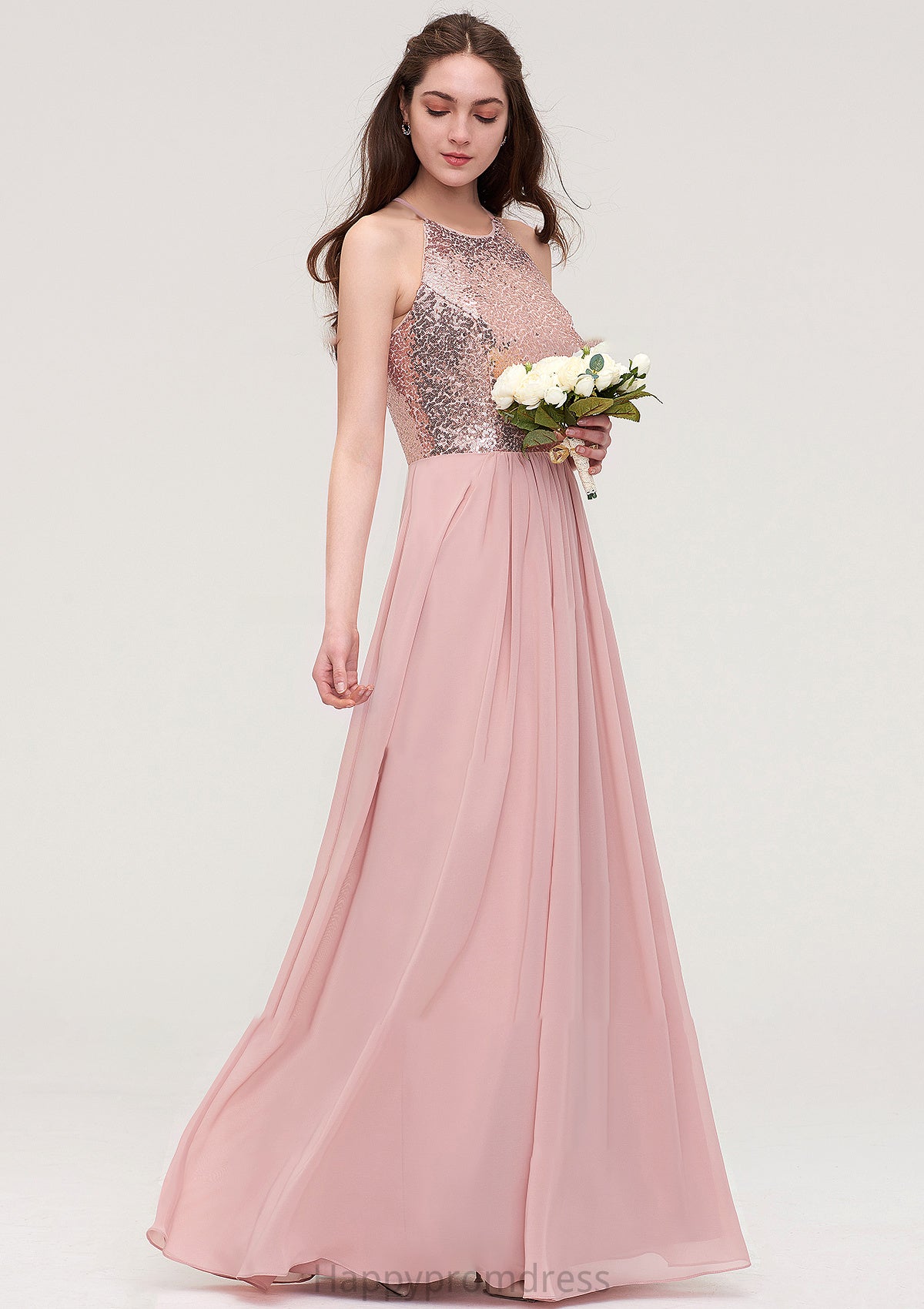 Sleeveless Bateau Long/Floor-Length Chiffon A-line/Princess Bridesmaid Dresses With Sequins Val XXSP0025484