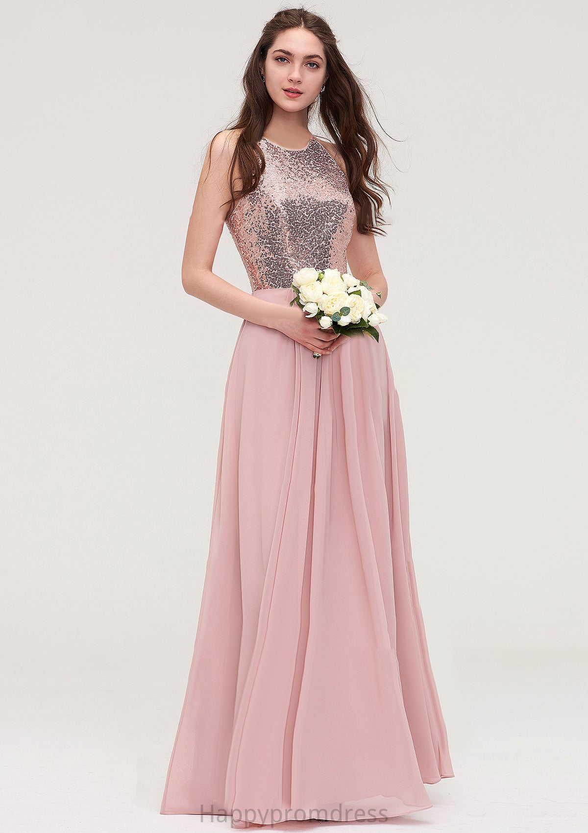 Sleeveless Bateau Long/Floor-Length Chiffon A-line/Princess Bridesmaid Dresses With Sequins Val XXSP0025484