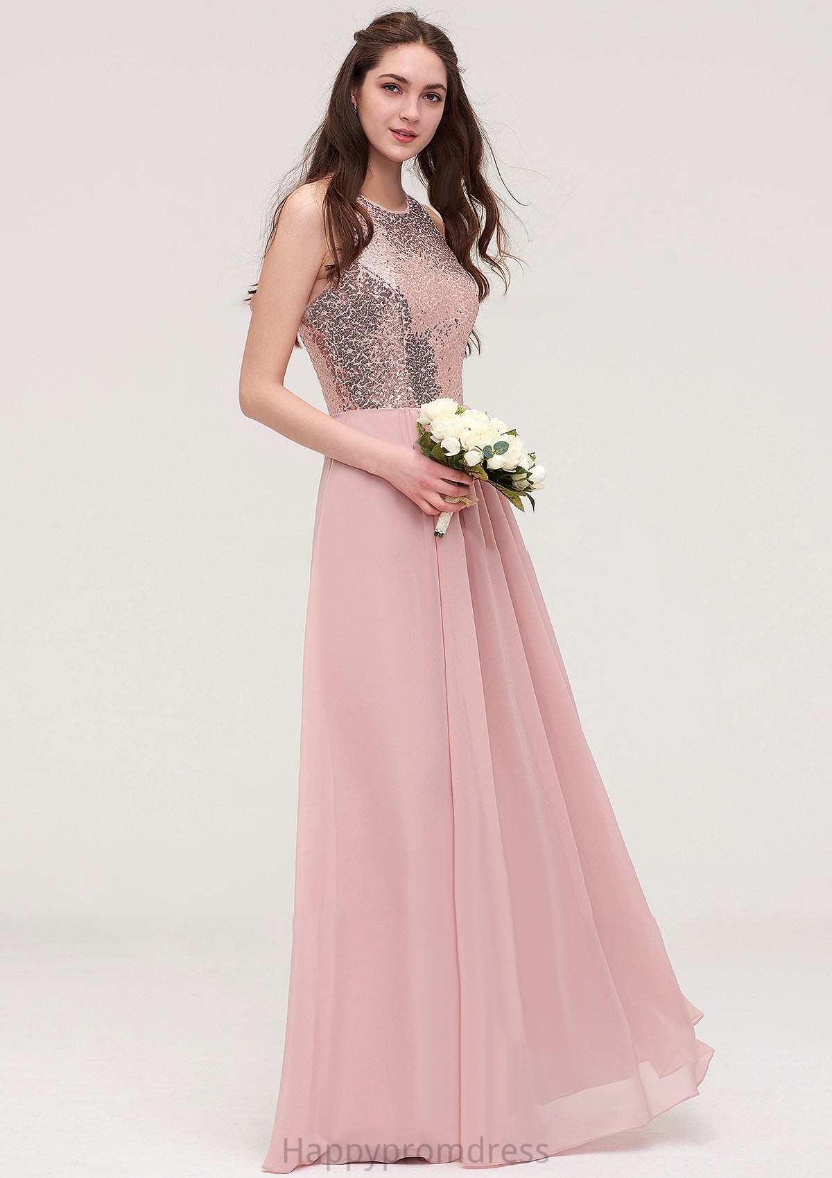 Sleeveless Bateau Long/Floor-Length Chiffon A-line/Princess Bridesmaid Dresses With Sequins Val XXSP0025484