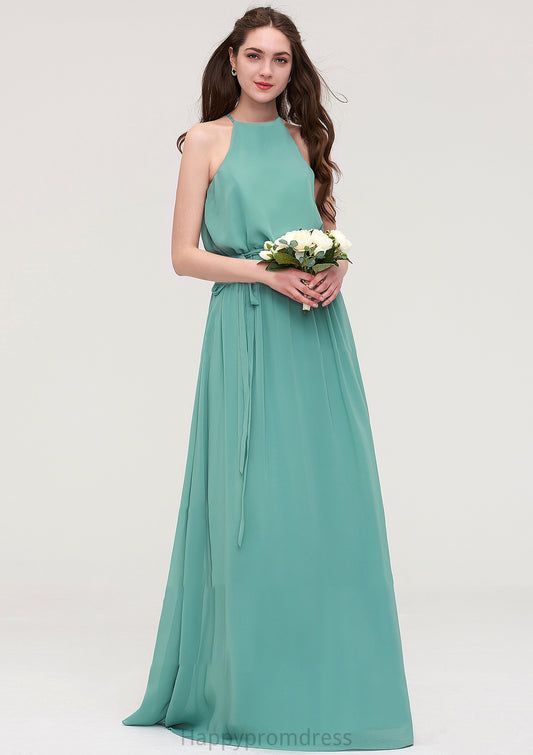 High-Neck Sleeveless Long/Floor-Length Chiffon A-line/Princess Bridesmaid Dresses With Sashes Luciana XXSP0025485