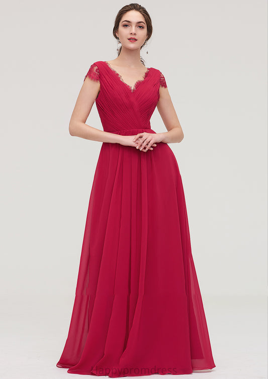 Sleeveless V Neck Long/Floor-Length Chiffon A-line/Princess Bridesmaid Dresses With Lace Pleated Aleena XXSP0025486