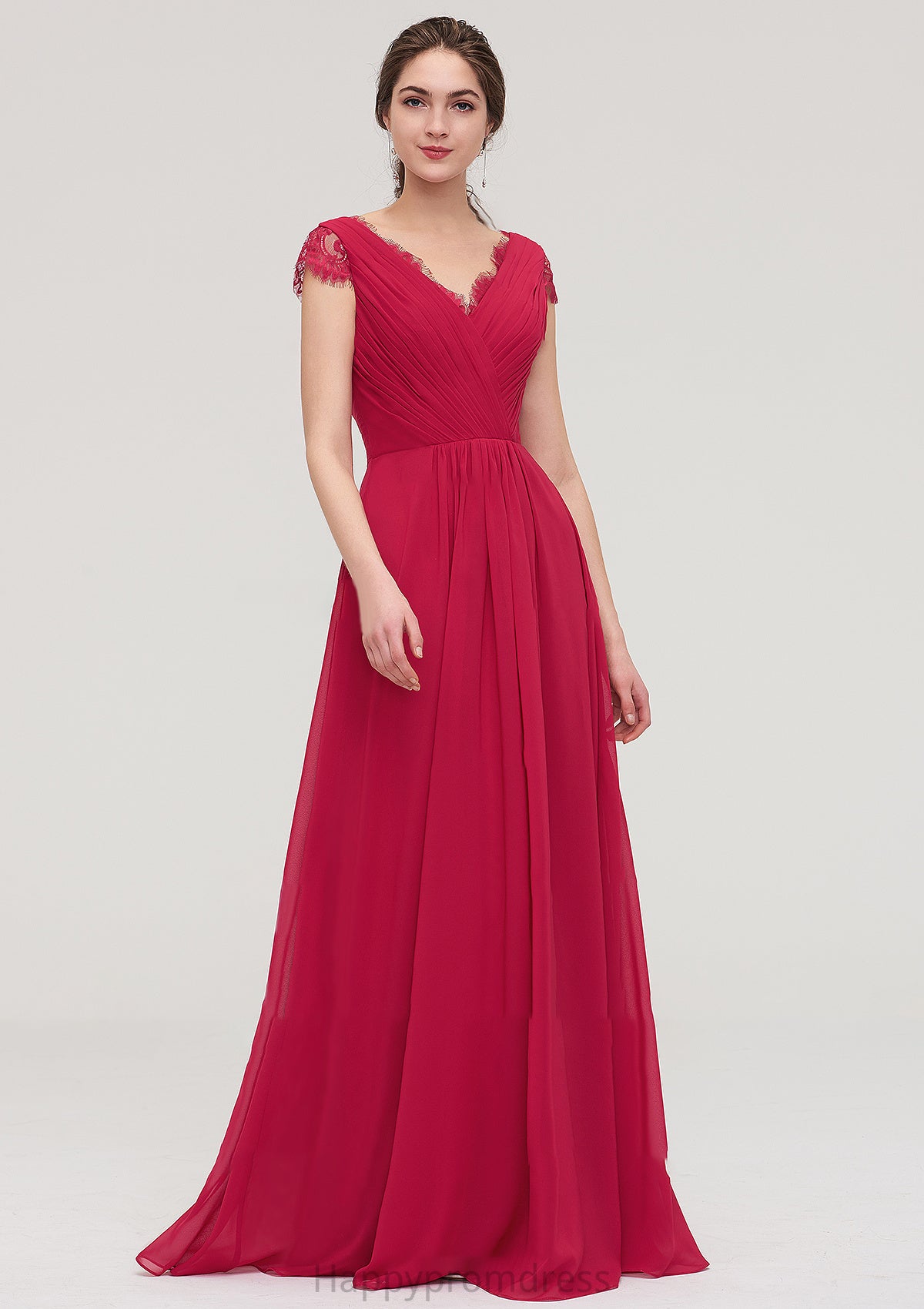 Sleeveless V Neck Long/Floor-Length Chiffon A-line/Princess Bridesmaid Dresses With Lace Pleated Aleena XXSP0025486