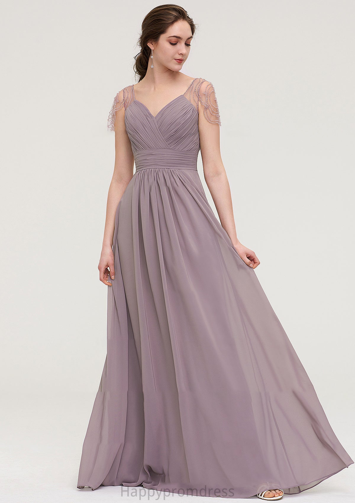 Short Sleeve Sweetheart Long/Floor-Length Chiffon A-line/Princess Bridesmaid Dresses With Pleated Beading Crystal XXSP0025487