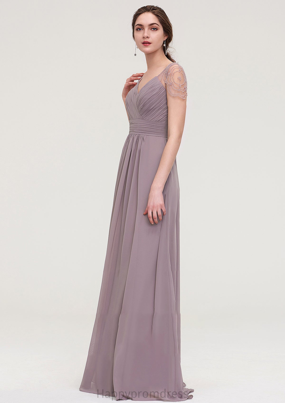 Short Sleeve Sweetheart Long/Floor-Length Chiffon A-line/Princess Bridesmaid Dresses With Pleated Beading Crystal XXSP0025487