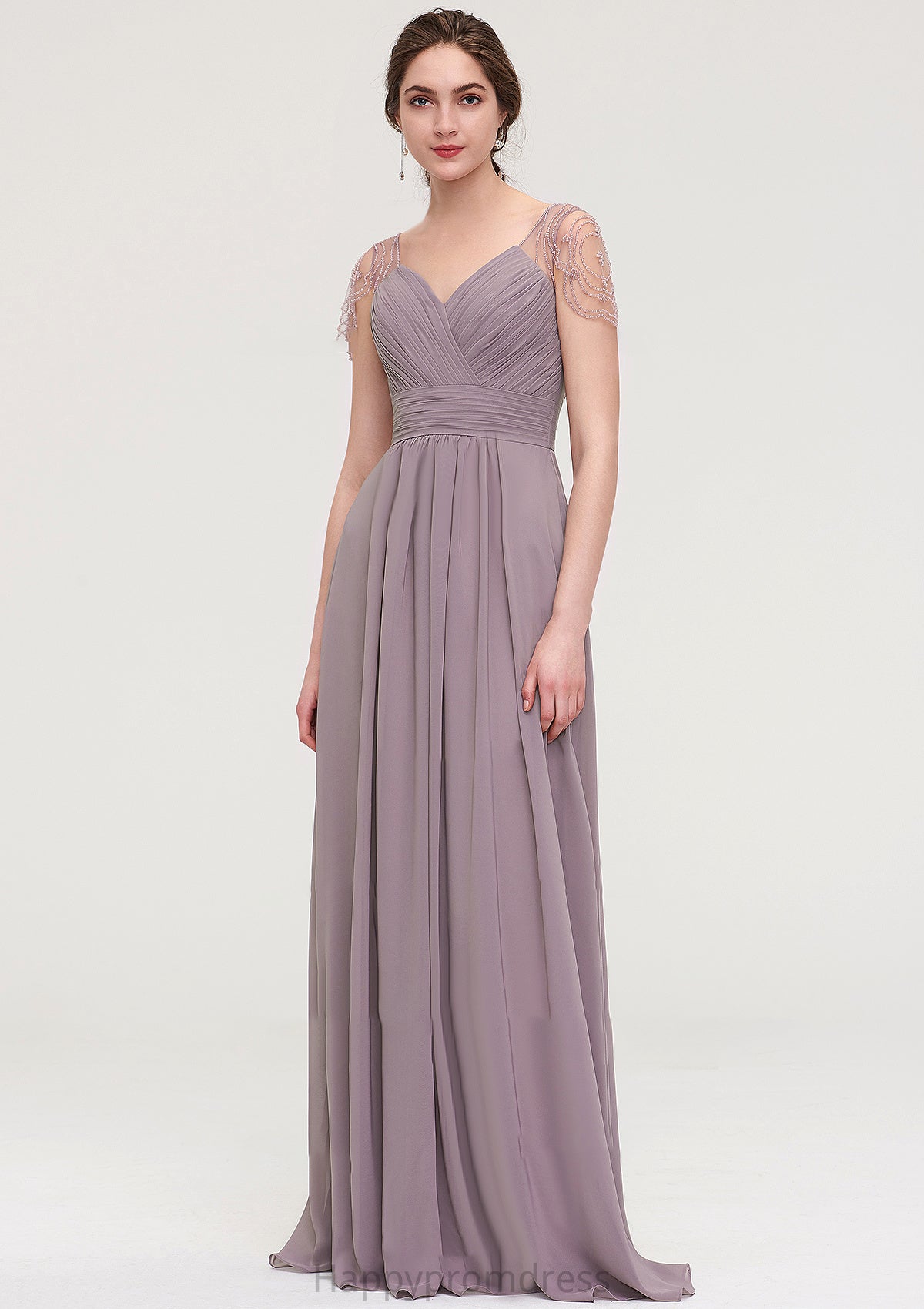 Short Sleeve Sweetheart Long/Floor-Length Chiffon A-line/Princess Bridesmaid Dresses With Pleated Beading Crystal XXSP0025487