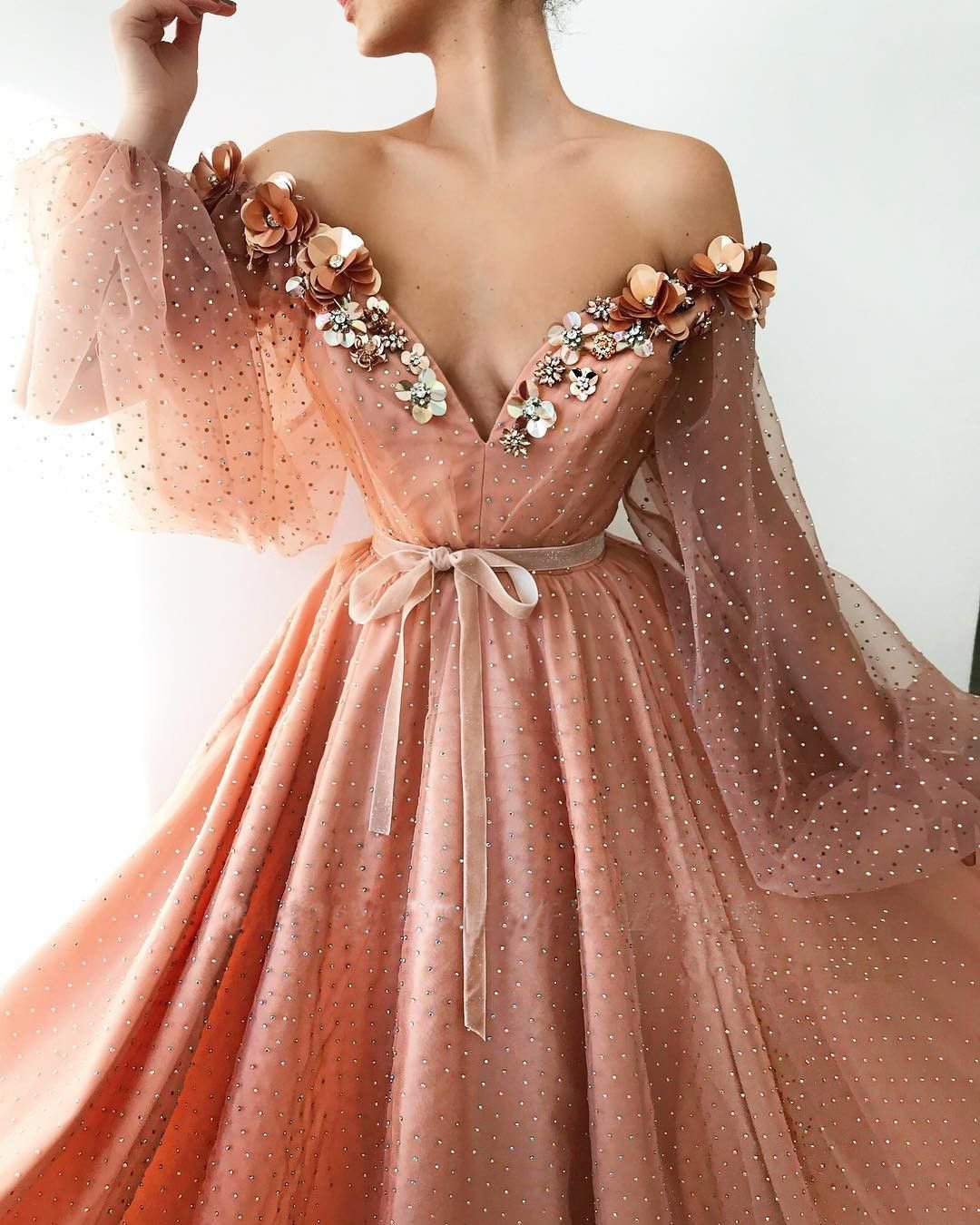 Stunning Long Sleeve Sexy Off the Shoulder Tulle Beading Prom Dresses V Neck Party Dresses STC15436