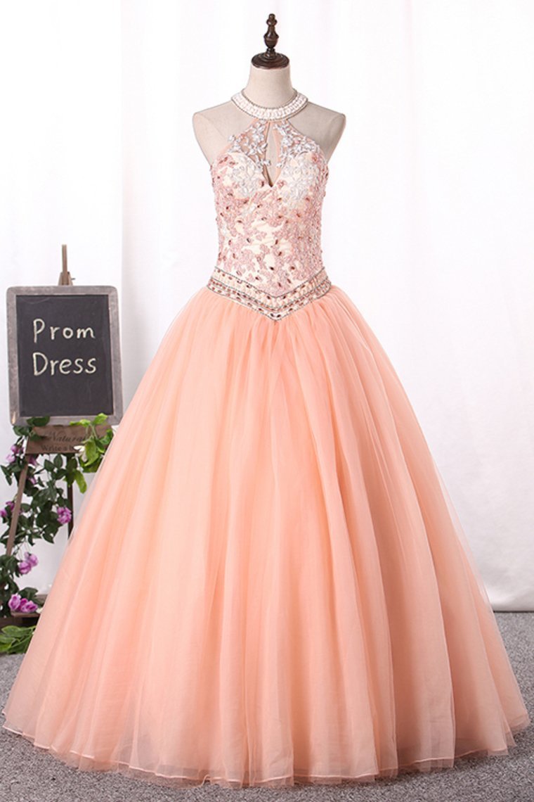 2024 Quinceanera Dresses Ball Gown High Neck Tulle With Applique