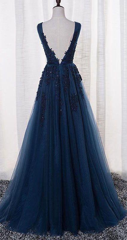 Elegant Tulle Appliques Beaded A-Line Sleeveless Backless Blue V-Neck Prom Dresses