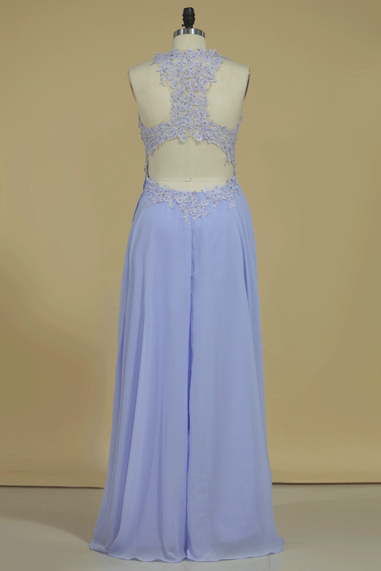 Prom Dresses Open Back Scoop Chiffon With Applique And Beads Sweep Train A Line