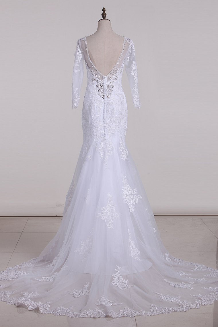 V-Neck 3/4 Length Sleeve Wedding Dresses Mermaid Tulle With Beads And Applique Court
