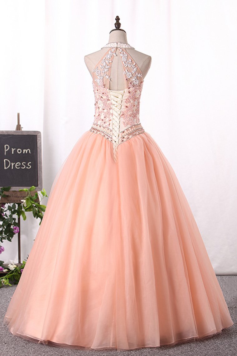 2024 Quinceanera Dresses Ball Gown High Neck Tulle With Applique