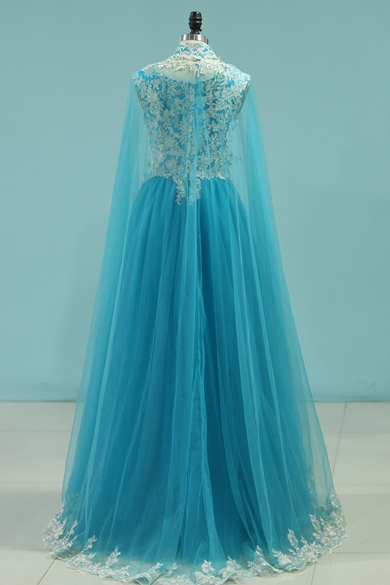 Muslin Prom Dresses With Cape A-Line Spaghetti Straps Tulle With Gold Applique