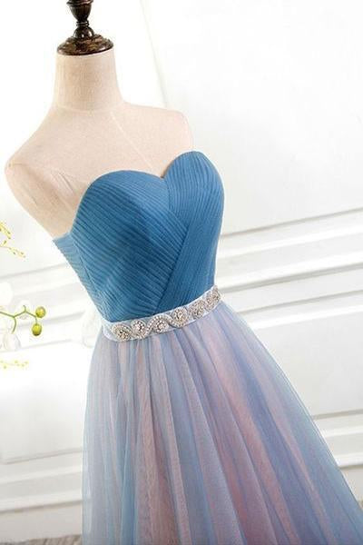 Elegant Tulle Long Vintage Sleeveless Sweetheart Strapless Blue Lace-up Prom Dresses